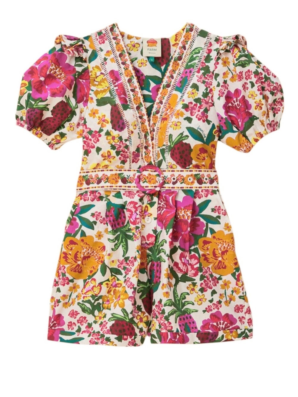 NWT Farm Rio Off White Cotton Floral Print Sketch Cotton Belted Romper Size XS - Picture 11 of 15